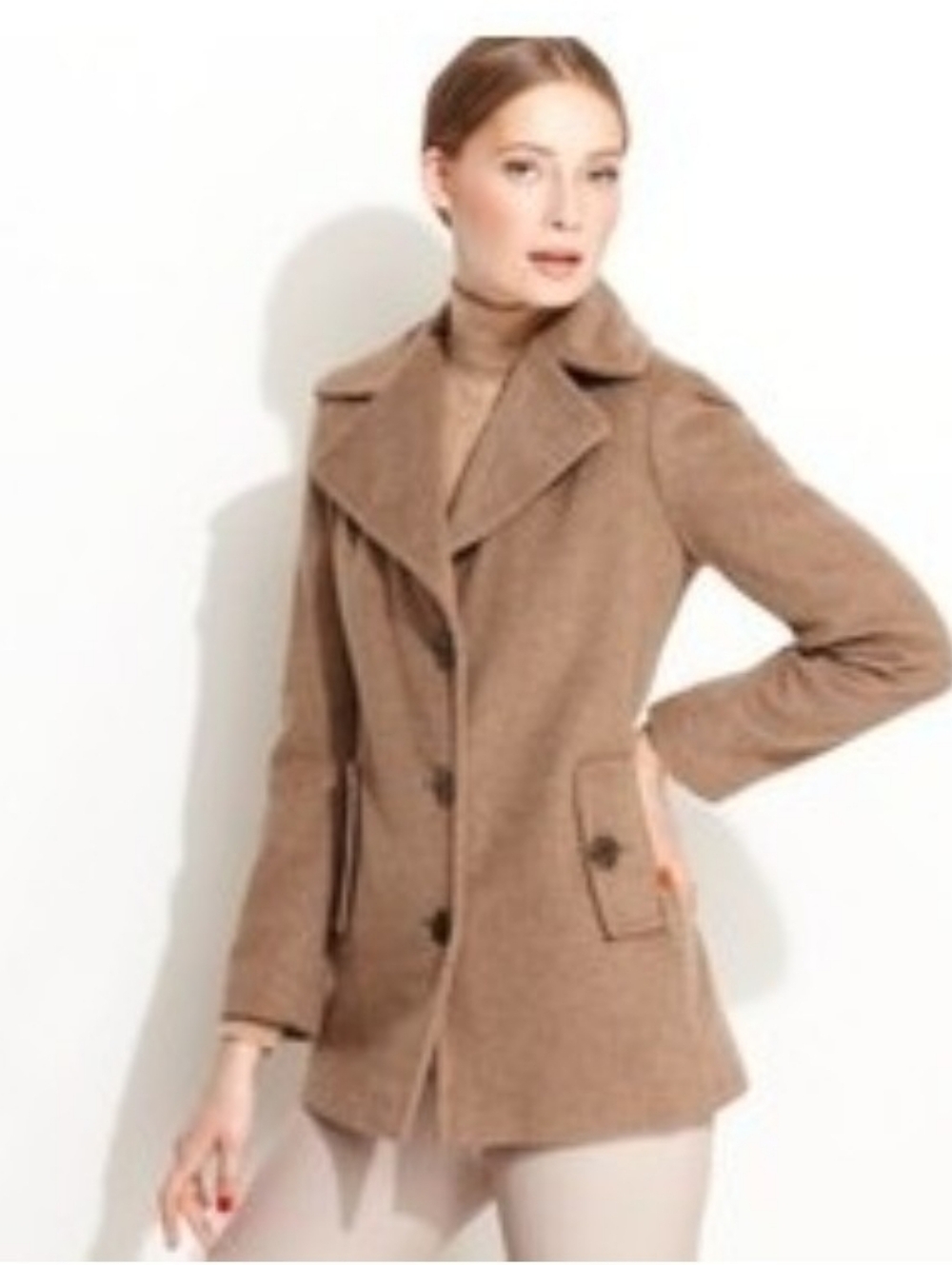 Calvin Klein Tan Wool-Cashmere Single-Breasted Peacoat, M, EUC